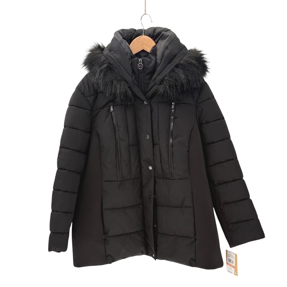 New Michael Kors Puffer Jacket Coat Fur Hood Women 2XL Black Down Alternative